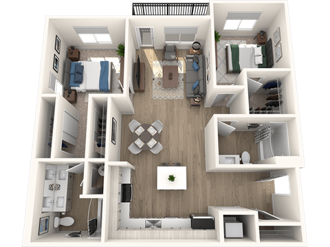 A 3D floor plan of a house with a living room, kitchen, and bedrooms.